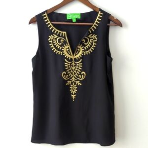 Pappagallo Black‎ and Gold Embroidered Sleeveless Women's Top Blouse Size S